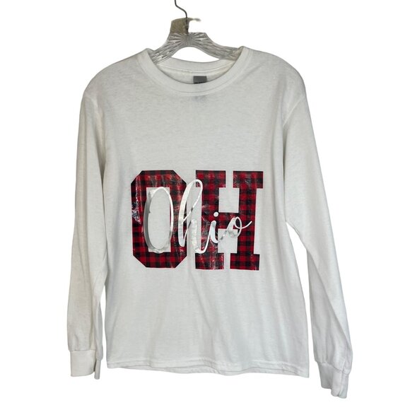 Gildan Long Sleeve Tee Ultra Cotton Ohio Plaid Letter White Size Small - Picture 1 of 10